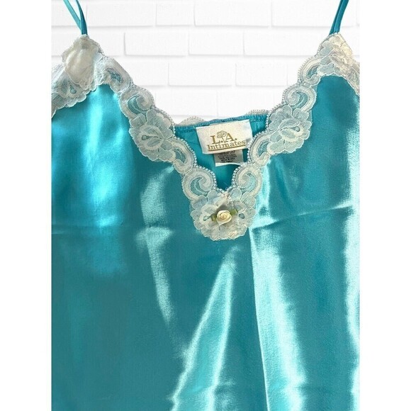 L.A. Intimates Blue Slip Dress Medium Flower Lace Satin - Picture 3 of 9
